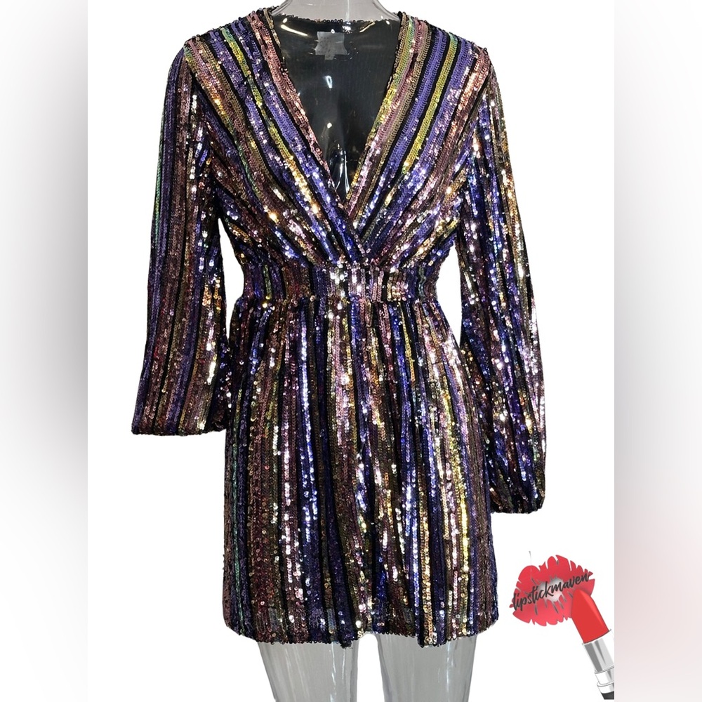 Dee Elly Colorful Sequin Dress Women XS Wrap Tie Wedding Guest‎ Party Cocktail